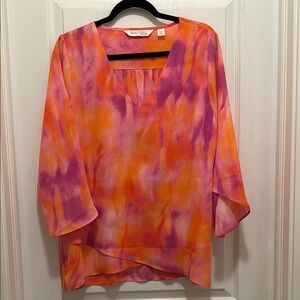 Asymmetrical Orange and Purple 3/4 Sleeve Blouse